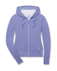 Women's Eirene Hoodie in Blue Shade, flat lay front view featuring a waffle knit construction with a full zip closure, drawstring hood, side pockets, ribbed cuffs and hem, and embroidered Straight Down logo, layered over a white collared shirt