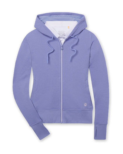 Women's Eirene Hoodie in Blue Shade, flat lay front view featuring a waffle knit construction with a full zip closure, drawstring hood, side pockets, ribbed cuffs and hem, and embroidered Straight Down logo, layered over a white collared shirt