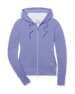 Women's Eirene Hoodie in Blue Shade, flat lay front view featuring a waffle knit construction with a full zip closure, drawstring hood, side pockets, ribbed cuffs and hem, and embroidered Straight Down logo, layered over a white collared shirt