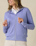 Eliza Hoodie in Blue Shade, front view on model in solid blue waffle knit texture with full zip and drawstring hood, layered over a white polo
