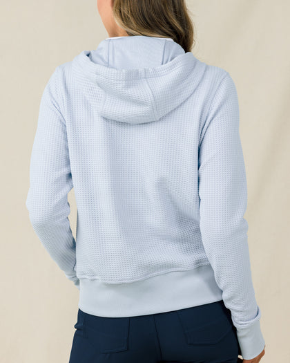 Eliza Hoodie in Lake with textured waffle knit, back view