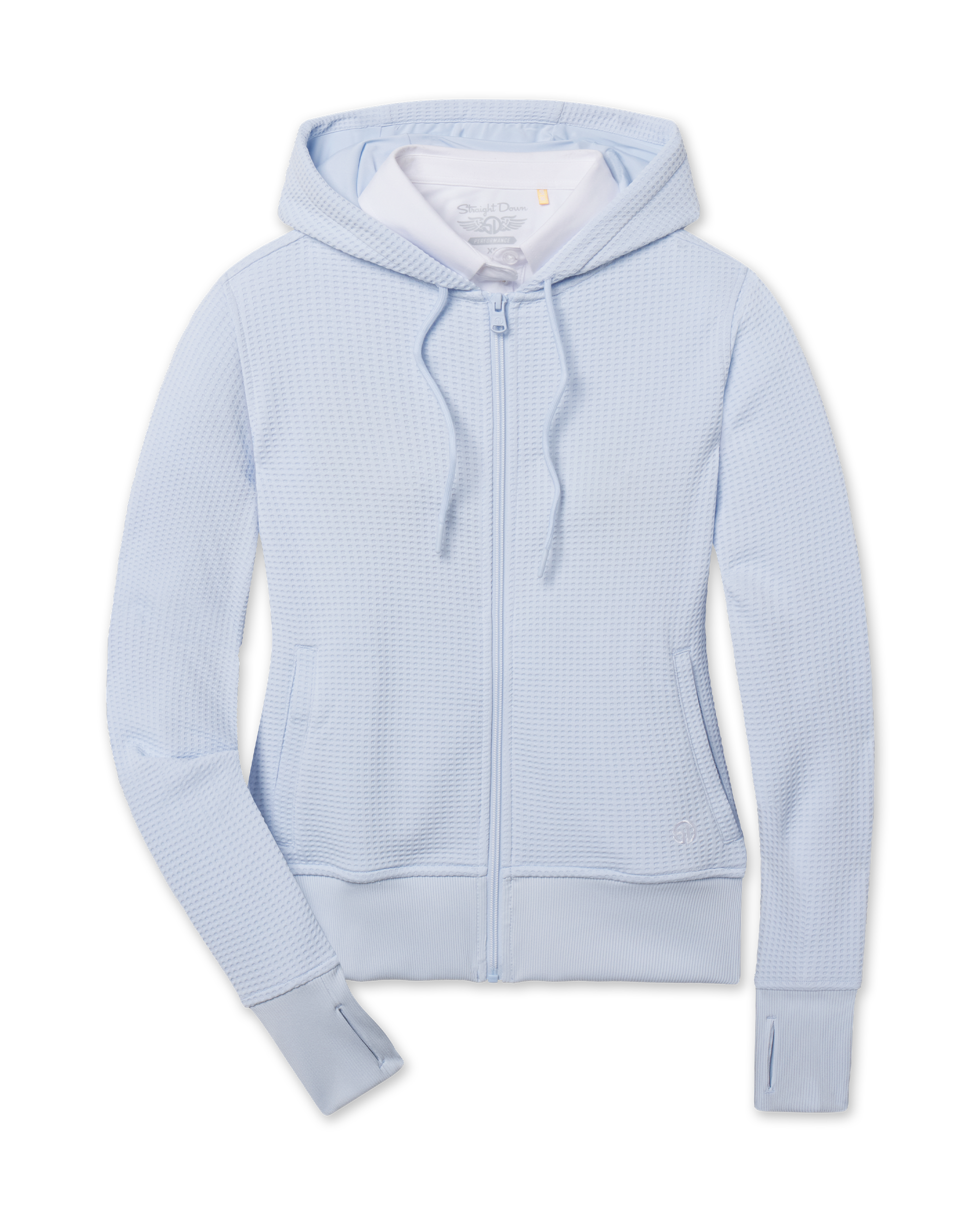Eliza Hoodie in Lake with textured waffle knit, front view