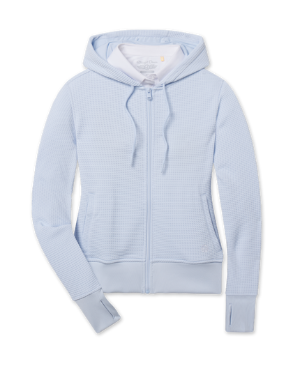 Eliza Hoodie in Lake with textured waffle knit, front view
