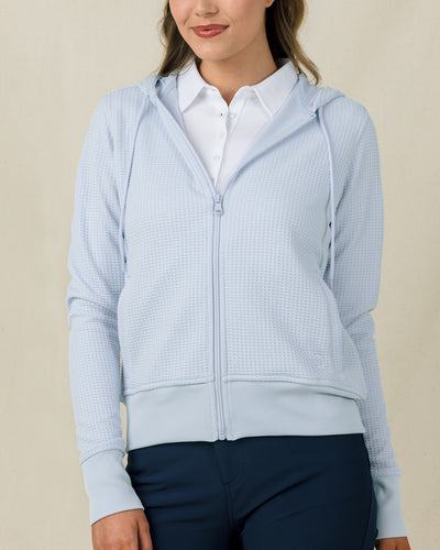 Eliza Hoodie in Lake with textured waffle knit, front model view