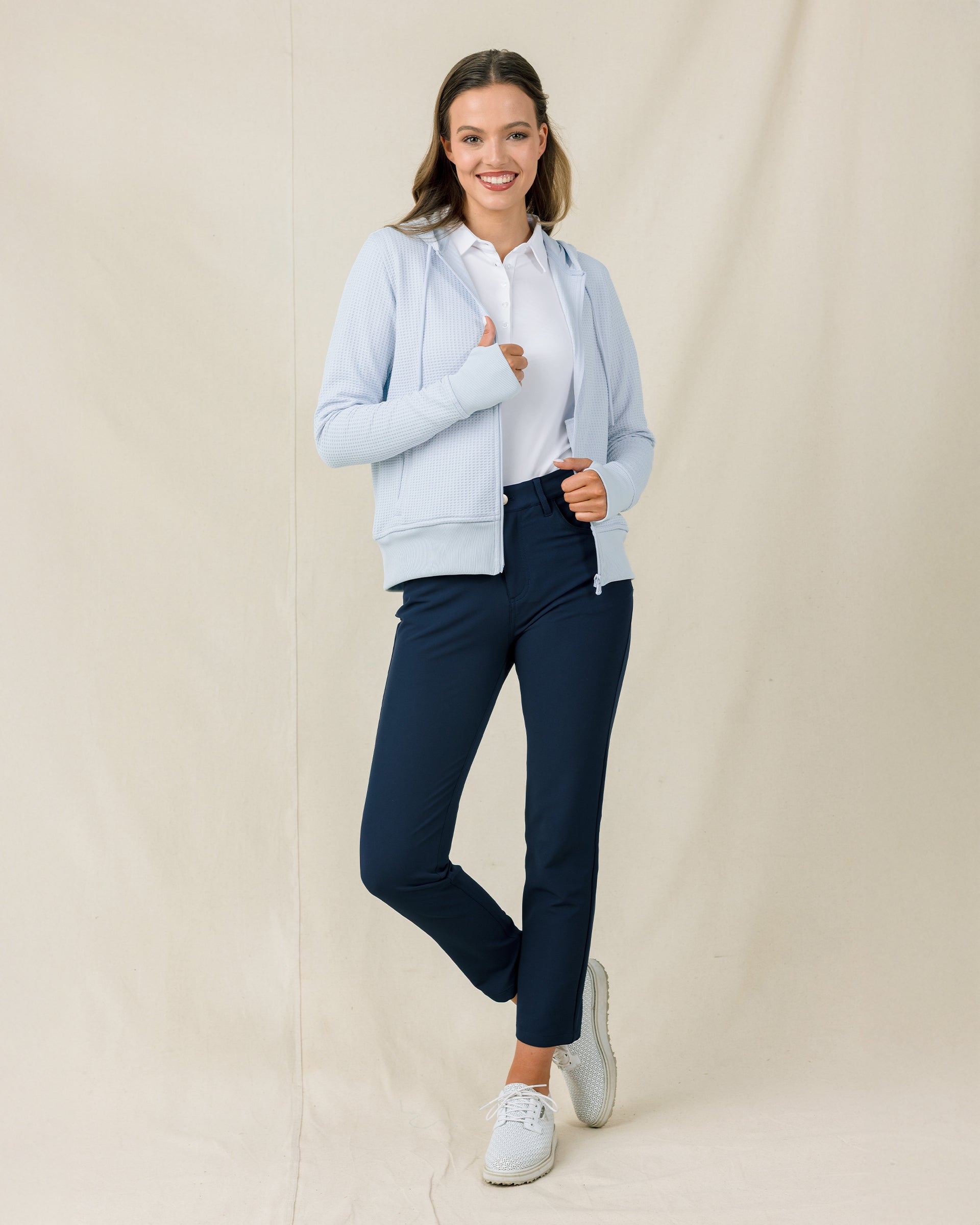 Eliza Hoodie in Lake styled with navy ankle pants, full outfit view