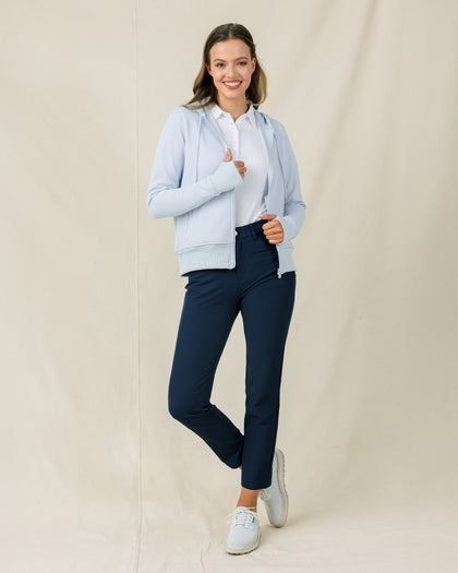 Eliza Hoodie in Lake styled with navy ankle pants, full outfit view
