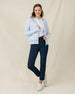 Eliza Hoodie in Lake styled with navy ankle pants, full outfit view