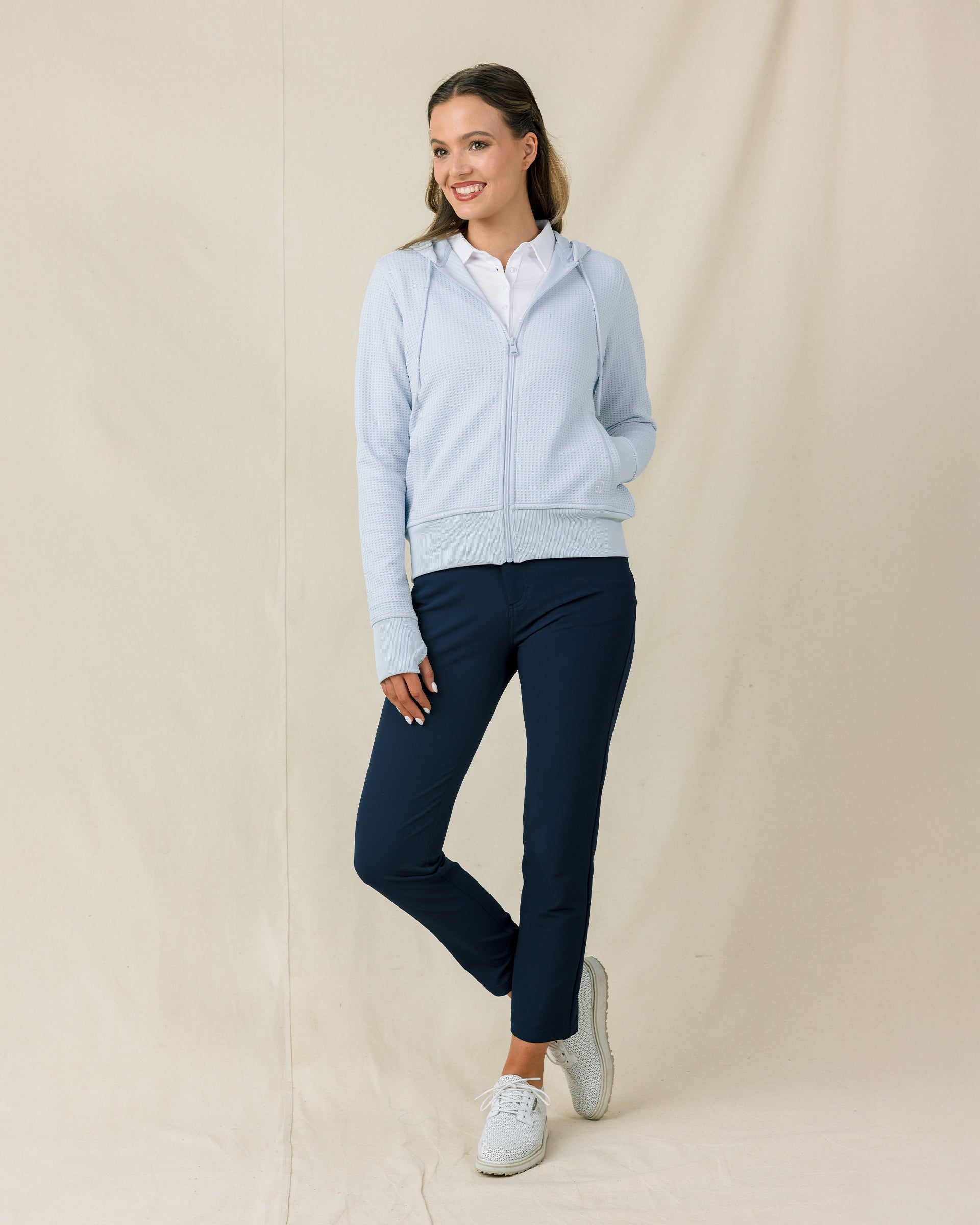 Eliza Hoodie in Lake with textured waffle knit, full outfit zipped view