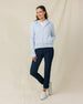Eliza Hoodie in Lake with textured waffle knit, full outfit zipped view