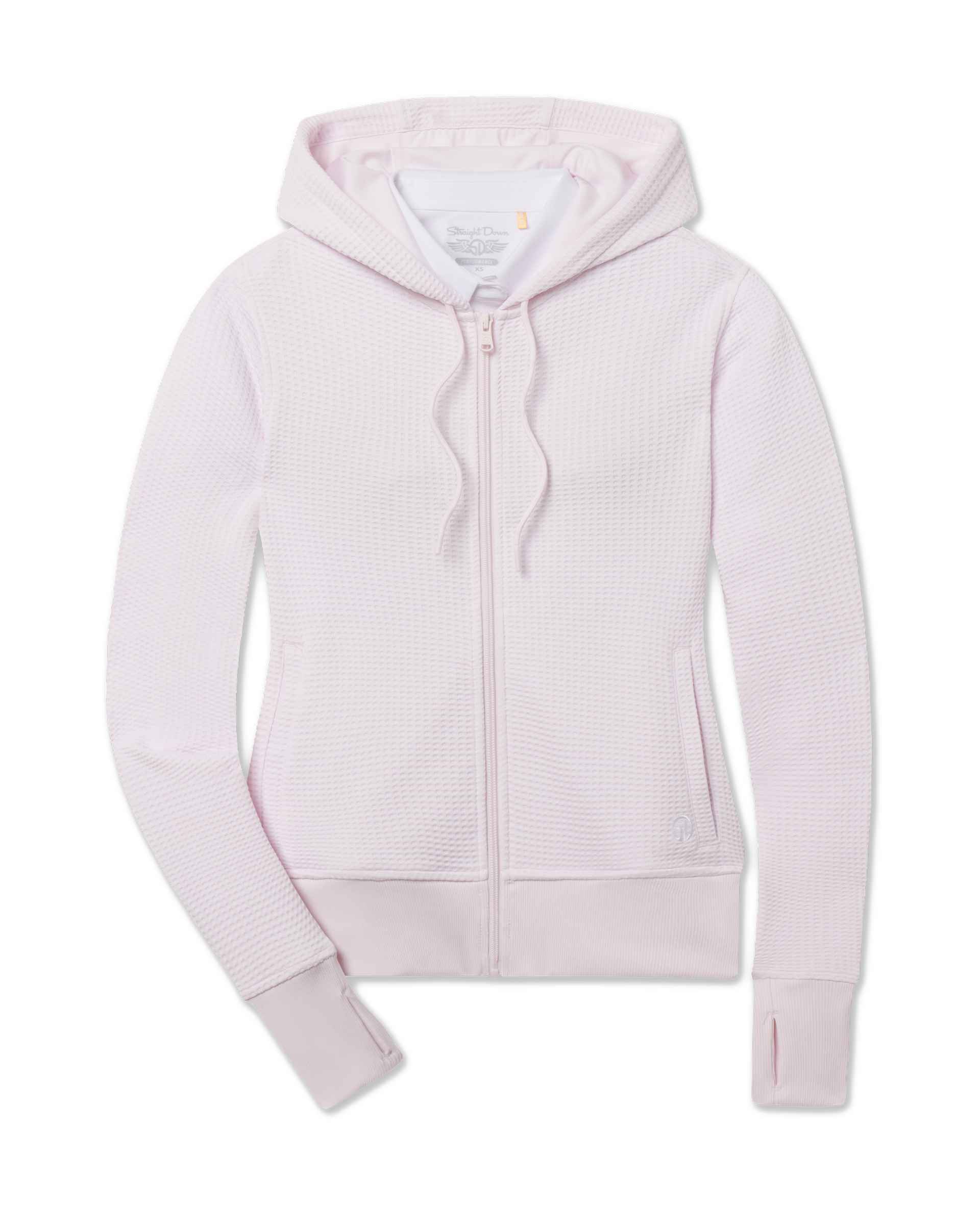 Straight Down Eliza Hoodie in Pale Pink featuring a full-zip front, waffle knit texture, attached hood, front pockets, and thumbhole cuffs