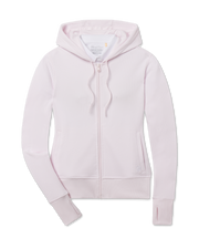 Straight Down Eliza Hoodie in Pale Pink featuring a full-zip front, waffle knit texture, attached hood, front pockets, and thumbhole cuffs