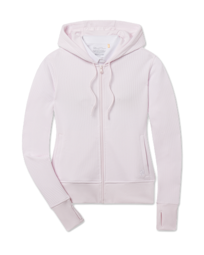 Straight Down Eliza Hoodie in Pale Pink featuring a full-zip front, waffle knit texture, attached hood, front pockets, and thumbhole cuffs