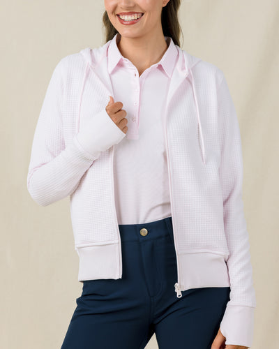 Woman wearing the Straight Down Eliza Hoodie in Pale Pink