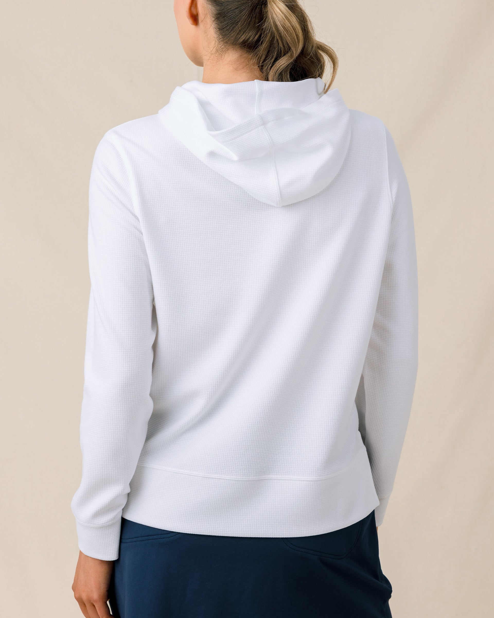 Daria Hoodie in White with textured waffle knit fabric, back model view