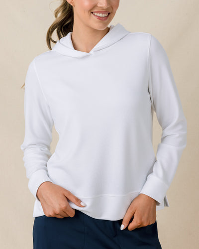 Daria Hoodie in White with textured waffle knit fabric, front model view