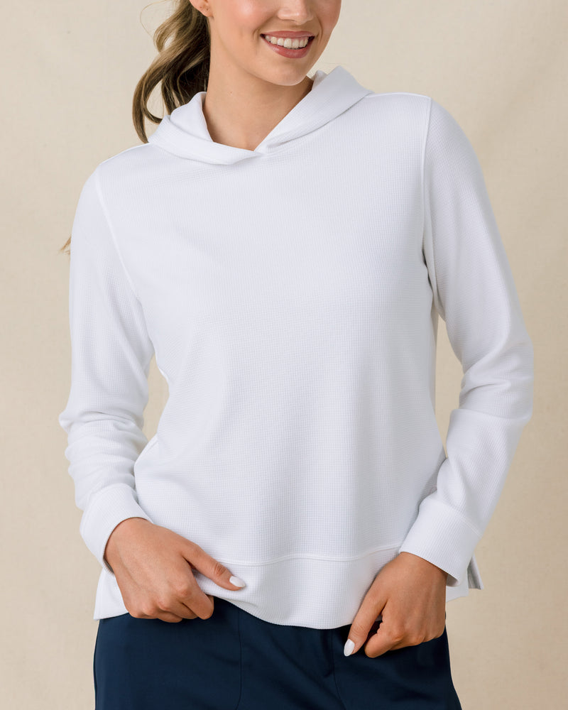 Daria Hoodie in White with textured waffle knit fabric, front model view