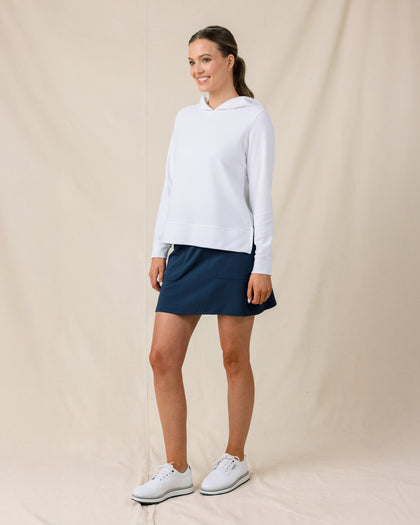 Daria Hoodie in White with textured waffle knit fabric, full outfit view