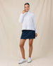 Daria Hoodie in White with textured waffle knit fabric, hood up full outfit view