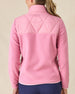 Women's Laurel Hybrid Fleece Jacket in Sweet Rose, back view on model featuring a pink hybrid jacket with diamond quilted upper back panel, fleece lower body, and Straight Down logo at upper back, paired with navy pants