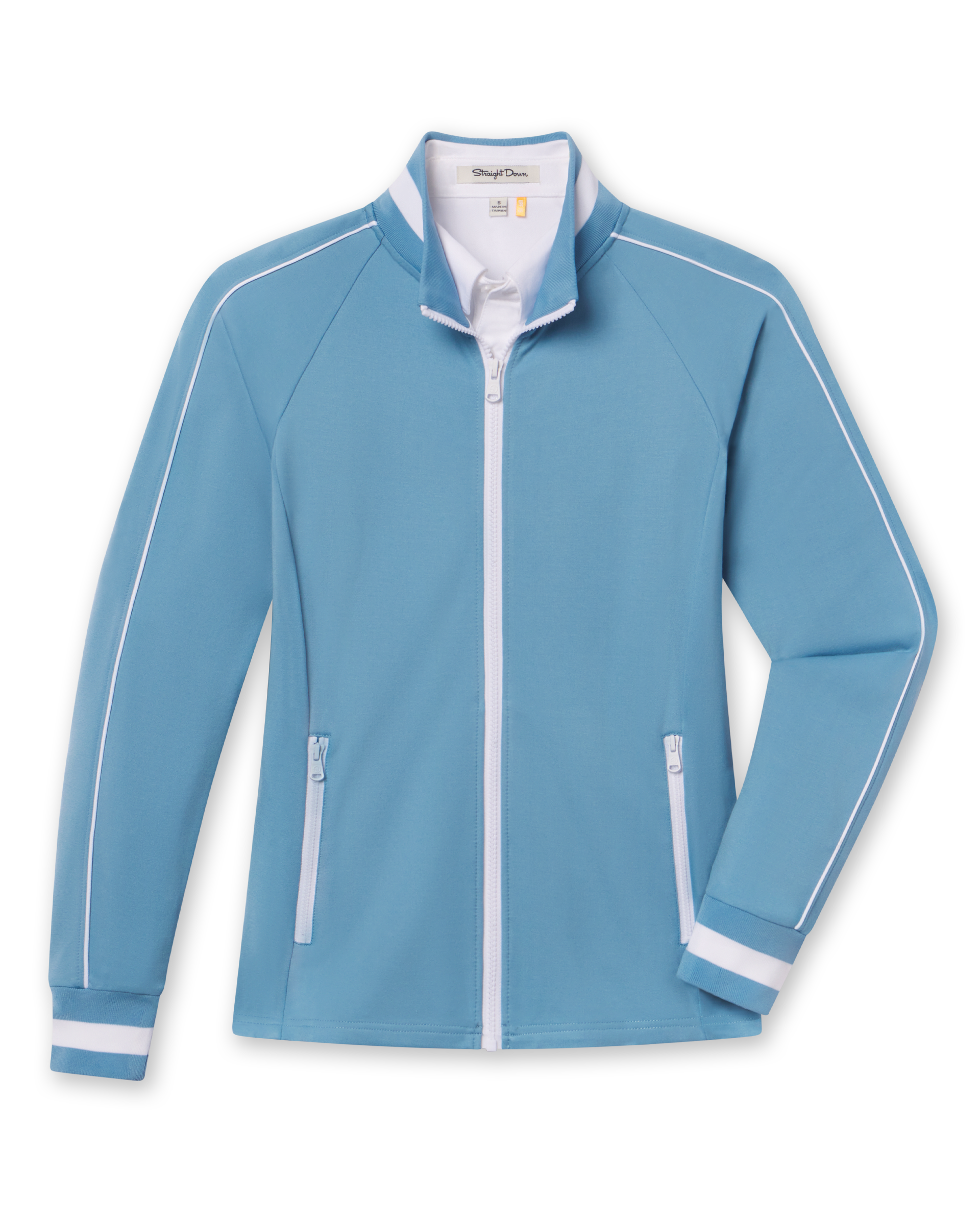 Women's Patty Jacket in Coastal, flat lay front view featuring a solid light blue fabric with white contrast piping along the sleeves, full zip closure, stand collar, dual zip pockets, and white striped cuffs