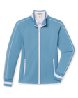 Women's Patty Jacket in Coastal, flat lay front view featuring a solid light blue fabric with white contrast piping along the sleeves, full zip closure, stand collar, dual zip pockets, and white striped cuffs