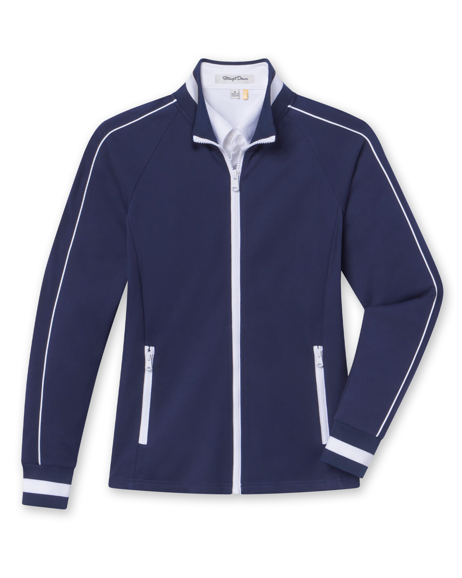 Women's Patty Jacket in New Indigo, flat lay front view featuring a solid navy fabric with white contrast piping along the sleeves, full zip closure, stand collar, dual zip pockets, and white striped cuffs
