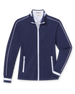 Women's Patty Jacket in New Indigo, flat lay front view featuring a solid navy fabric with white contrast piping along the sleeves, full zip closure, stand collar, dual zip pockets, and white striped cuffs