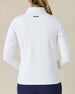 Women's Eirene Jacket in White, back view on model featuring a clean white performance fabric with raglan sleeve construction and navy Straight Down logo at the upper back, paired with navy pants