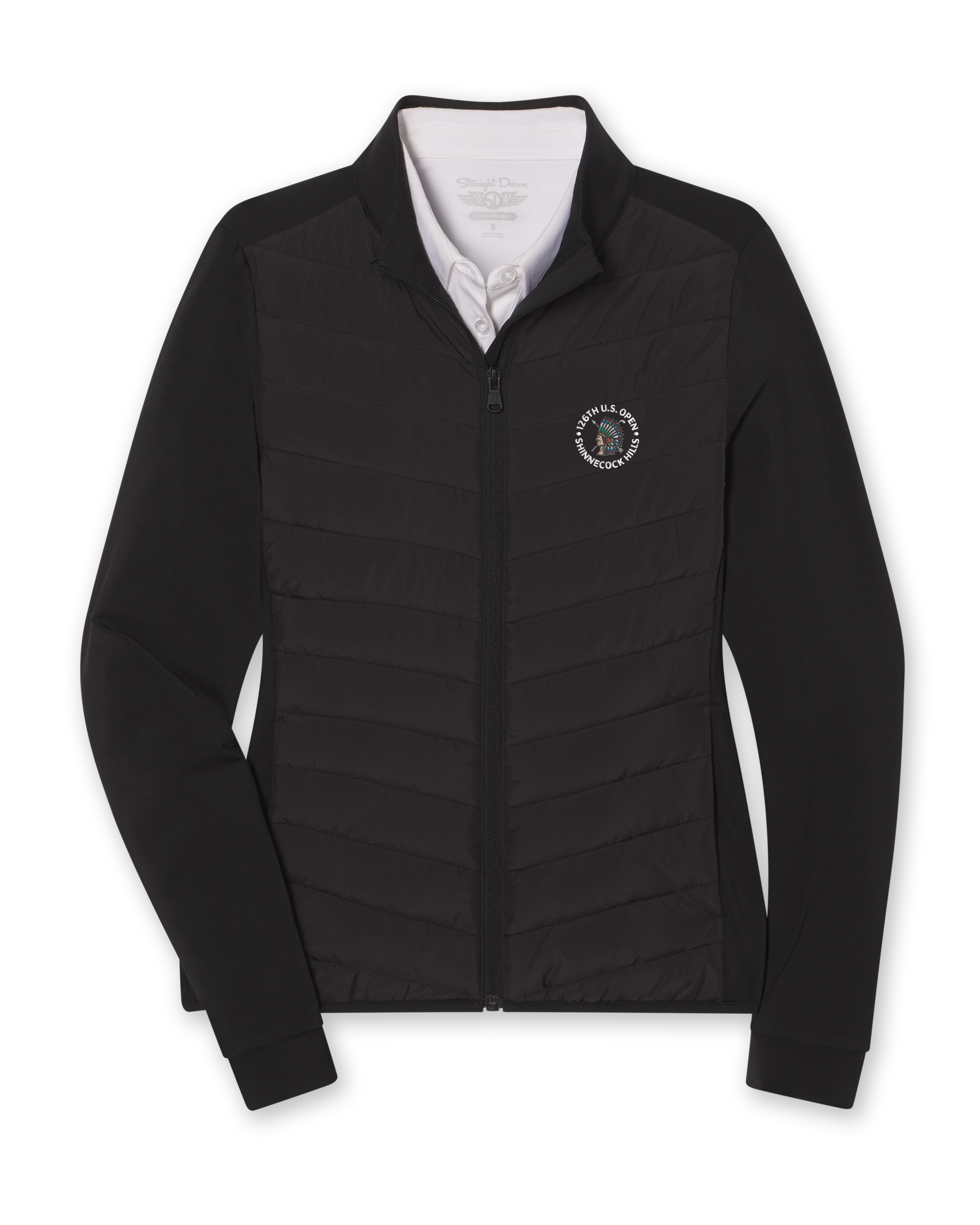 Women's 126th U.S. Open Ida Hybrid Jacket in Black, flat lay front view featuring a black long sleeve full zip hybrid jacket with a quilted front body, stretch side panels, and the 126th U.S. Open Shinnecock Hills embroidered logo on the left chest