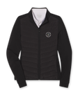 Women's 126th U.S. Open Ida Hybrid Jacket in Black, flat lay front view featuring a black long sleeve full zip hybrid jacket with a quilted front body, stretch side panels, and the 126th U.S. Open Shinnecock Hills embroidered logo on the left chest