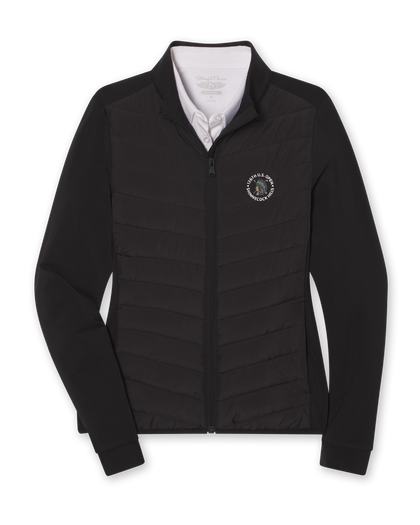 Women's 126th U.S. Open Ida Hybrid Jacket in Black, flat lay front view featuring a black long sleeve full zip hybrid jacket with a quilted front body, stretch side panels, and the 126th U.S. Open Shinnecock Hills embroidered logo on the left chest