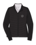 Women's 126th U.S. Open Ida Hybrid Jacket in Black, flat lay front view featuring a black long sleeve full zip hybrid jacket with a quilted front body, stretch side panels, and the 126th U.S. Open Shinnecock Hills embroidered logo on the left chest