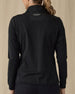 Women's Ida Hybrid Jacket in Black, back view on model featuring a black full zip jacket with a smooth back panel and Straight Down logo at the upper back, paired with black pants