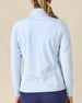 Women's Ida Hybrid Jacket in Lake, back view on model featuring a light blue hybrid jacket with smooth stretch back panel and Straight Down logo at upper back, paired with navy pants
