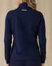 Women's Ida Hybrid Jacket in New Indigo, back view featuring smooth stretch back panel, Straight Down logo at the upper back, and ribbed cuffs