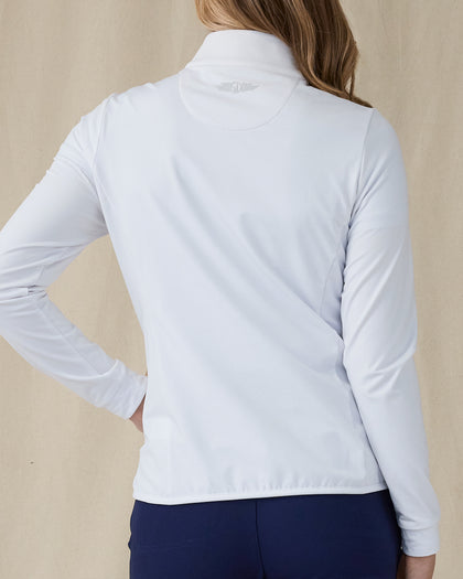 Women's Ida Hybrid Jacket in White, back view featuring smooth stretch back panel, Straight Down logo at the upper back, and ribbed cuffs