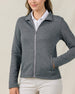 Close front view of a model wearing the Marlow Jacket in Nightshade, highlighting the full-zip design, stand collar, and front pockets.