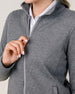 Detail view of the Marlow Jacket in Nightshade highlighting the soft heathered fabric, stand collar, and front zipper.