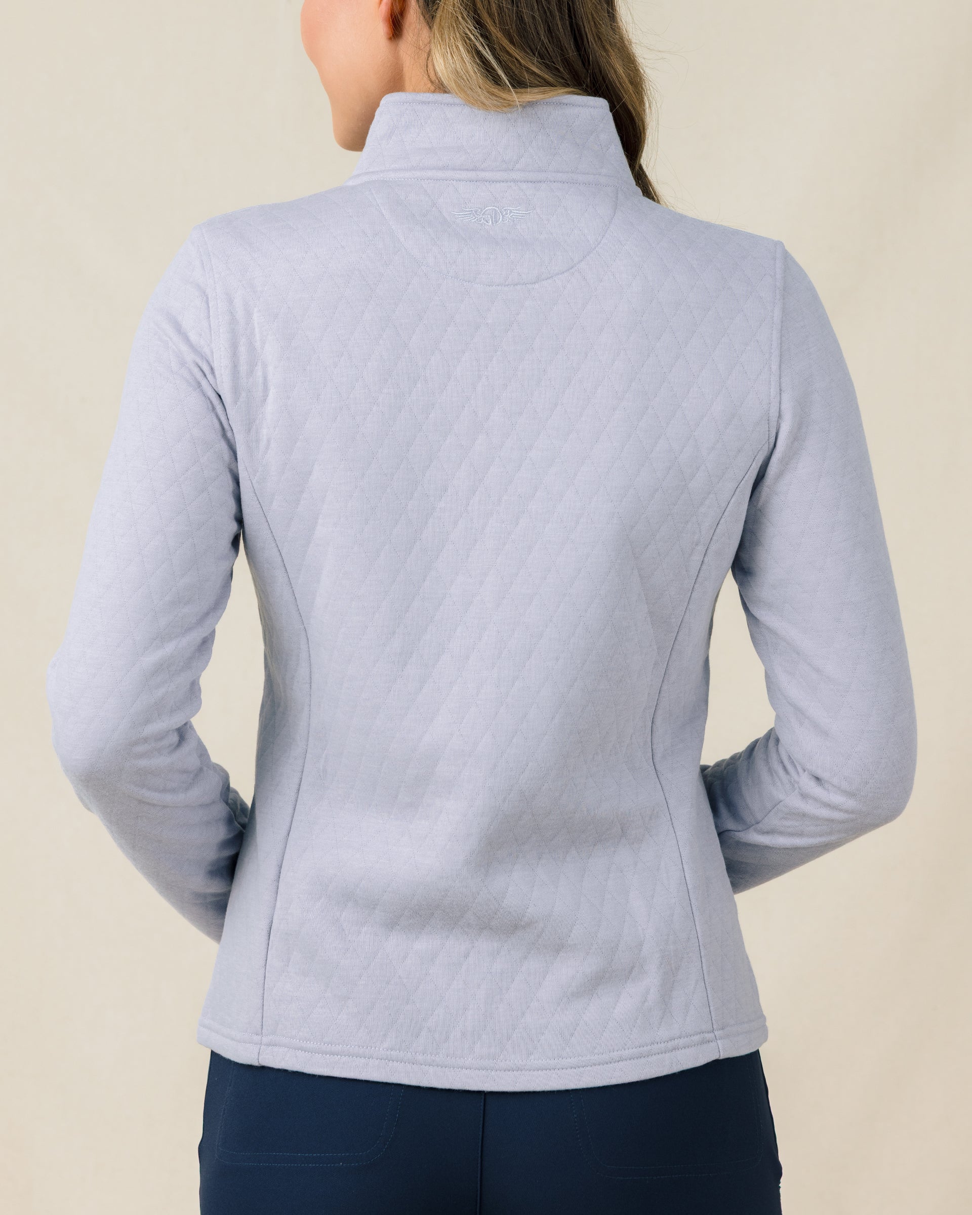 Back view of the Straight Down Marlow Jacket in Cosmic Blue featuring a quilted design and tailored fit