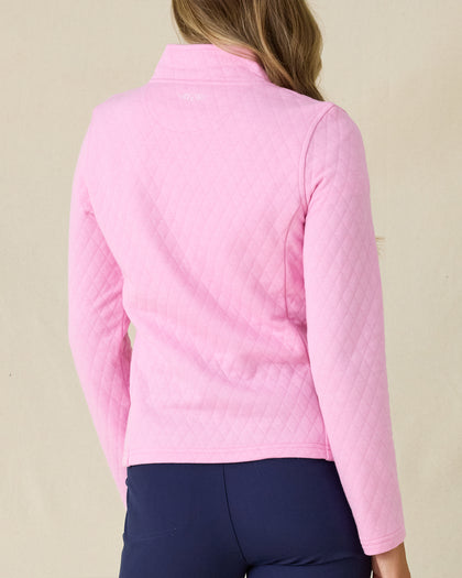 Marlow Jacket in Pink Floyd, back view on model in solid pink diamond quilt texture with Straight Down logo embroidered at center back, paired with navy pants