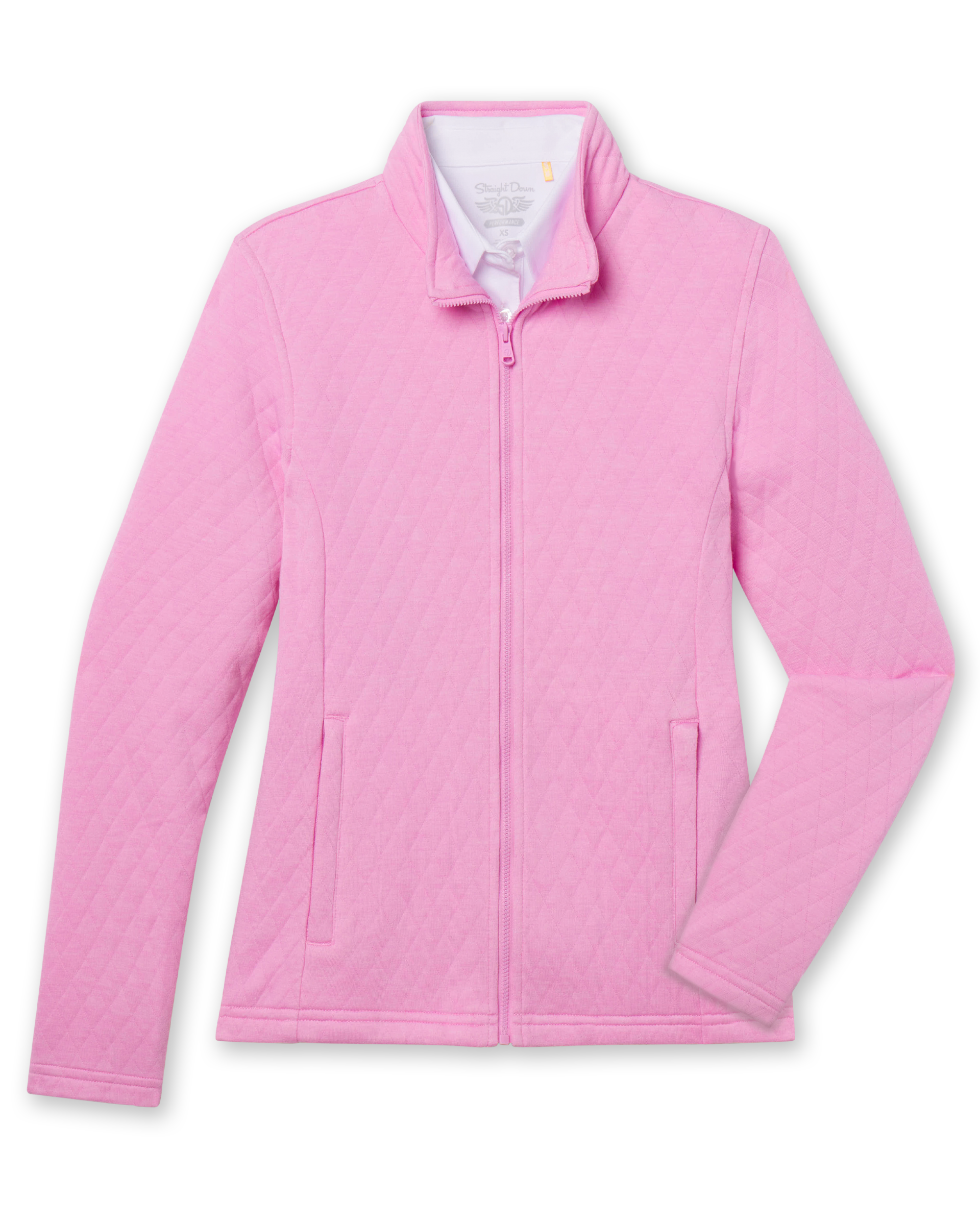 Women's Marlow Jacket in Pink Floyd, flat lay front view featuring a solid pink quilted texture full-zip jacket with a stand collar, long sleeves, and side hand pockets