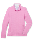 Women's Marlow Jacket in Pink Floyd, flat lay front view featuring a solid pink quilted texture full-zip jacket with a stand collar, long sleeves, and side hand pockets