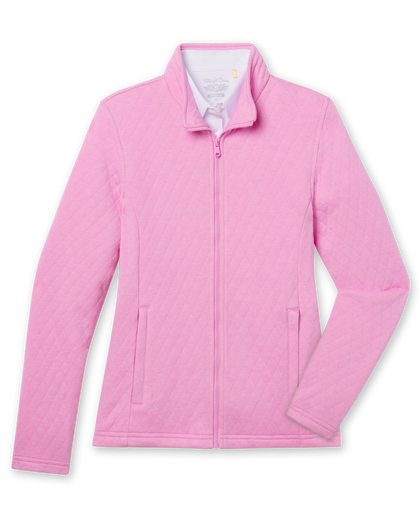 Women's Marlow Jacket in Pink Floyd, flat lay front view featuring a solid pink quilted texture full-zip jacket with a stand collar, long sleeves, and side hand pockets