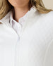 Women's Marlow Jacket in White, close-up detail view of the full-zip closure and mock collar with diamond quilted texture, styled over a white collared shirt