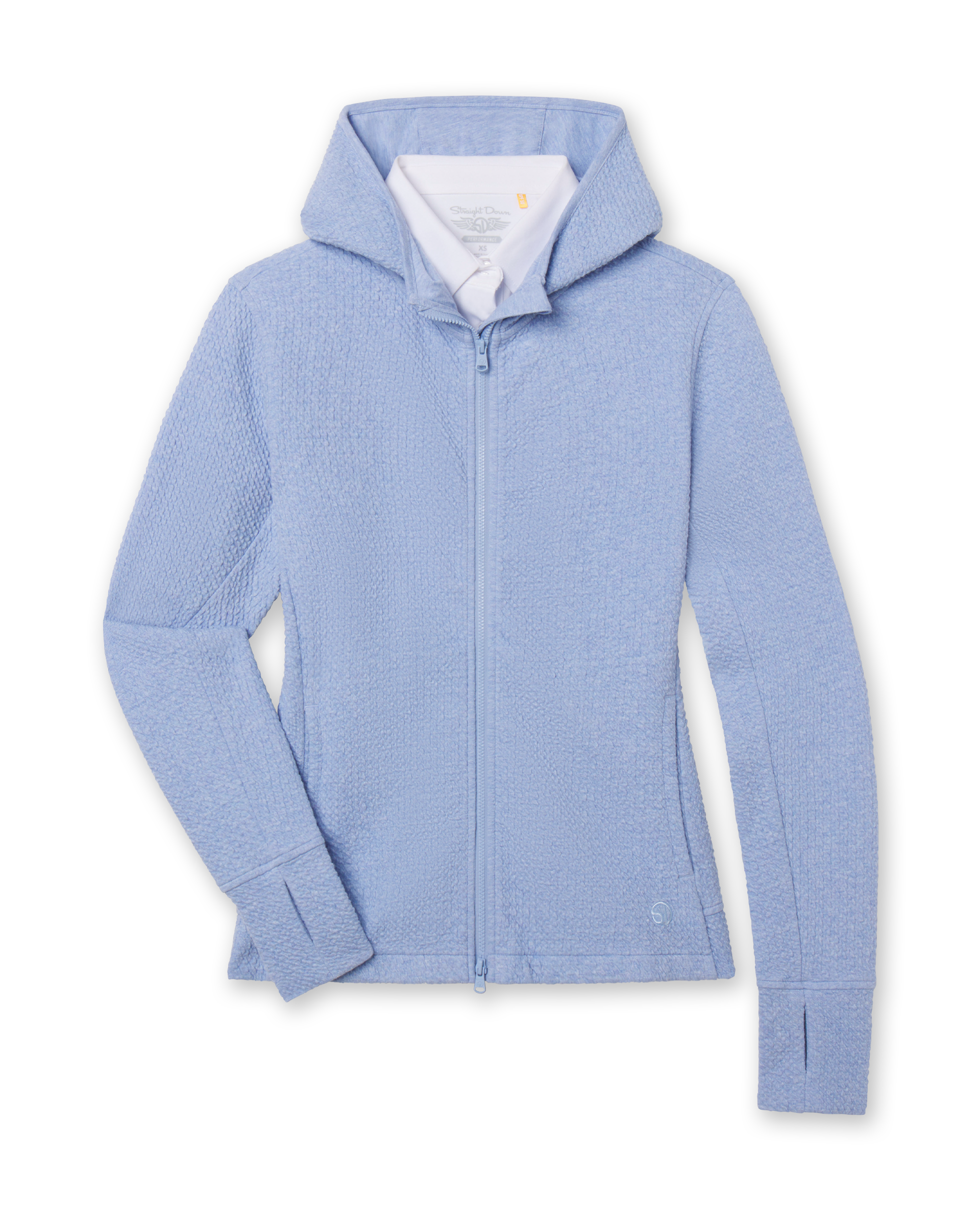 Women's Highland Hooded Jacket in Blue Heather, flat lay front view featuring a textured knit construction with a full zip closure, hood, side pockets, thumbhole cuffs, and embroidered Straight Down logo, layered over a white collared shirt
