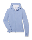Women's Highland Hooded Jacket in Blue Heather, flat lay front view featuring a textured knit construction with a full zip closure, hood, side pockets, thumbhole cuffs, and embroidered Straight Down logo, layered over a white collared shirt