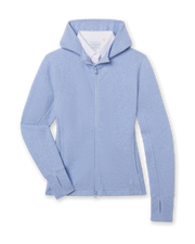 Women's Highland Hooded Jacket in Blue Heather, flat lay front view featuring a textured knit construction with a full zip closure, hood, side pockets, thumbhole cuffs, and embroidered Straight Down logo, layered over a white collared shirt