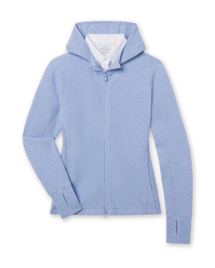Women's Highland Hooded Jacket in Blue Heather, flat lay front view featuring a textured knit construction with a full zip closure, hood, side pockets, thumbhole cuffs, and embroidered Straight Down logo, layered over a white collared shirt