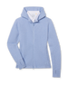 Women's Highland Hooded Jacket in Blue Heather, flat lay front view featuring a textured knit construction with a full zip closure, hood, side pockets, thumbhole cuffs, and embroidered Straight Down logo, layered over a white collared shirt