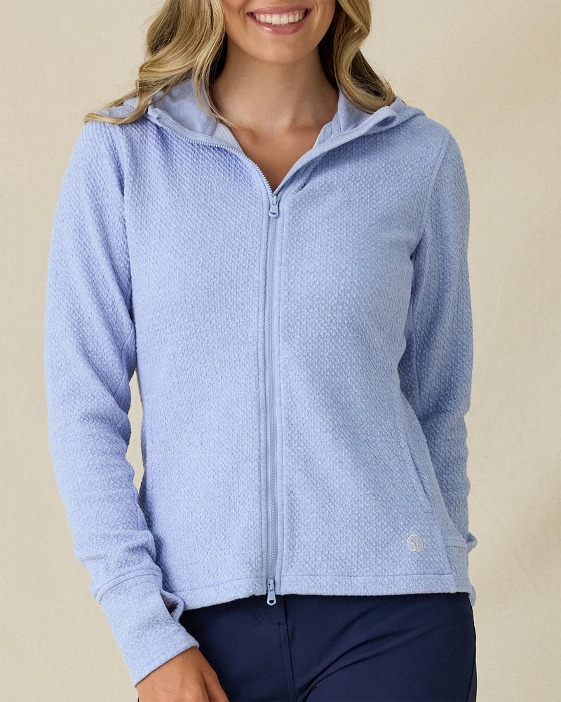 Highland Hooded Jacket in Blue Heather, front view on model in solid light blue textured fleece with full zip and hood, paired with navy pants